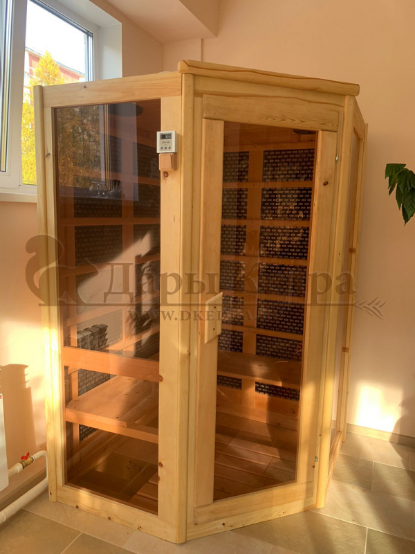 Двухместная угловая инфракрасная сауна кабина из кедра и липы с карбоновыми излучателями